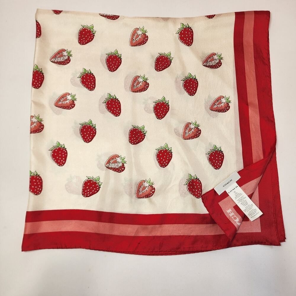 NWT Coach CAP58 Retro Strawberry Print Silk Square Scarf Chalk/Red CAP58 - Picture 4 of 4